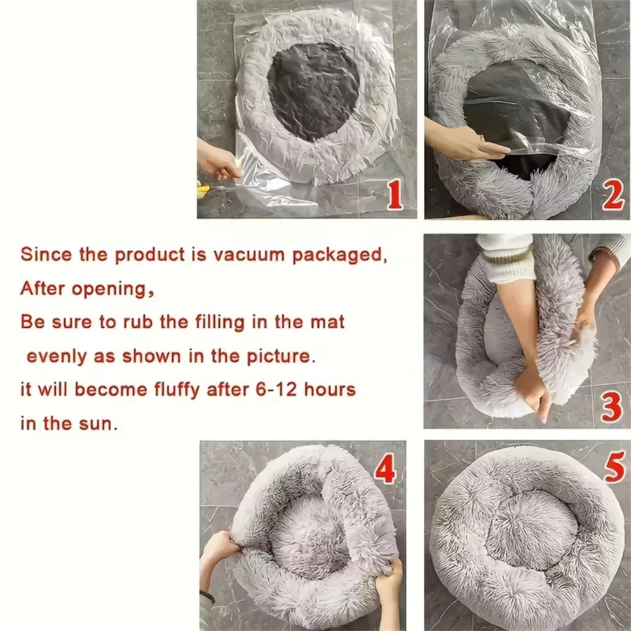 Cama Redonda Donut para Cães e Gatos – Cama de Pelúcia Macia, Quente e Lavável para um Descanso Confortável**