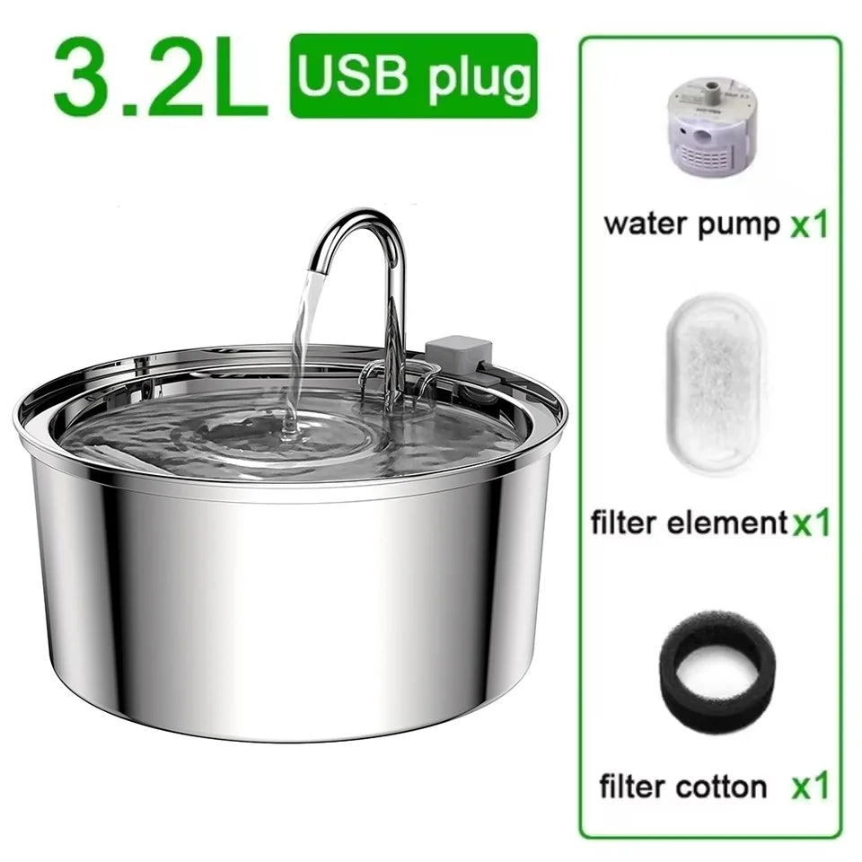 Fonte de Água Automática em Aço Inoxidável para Cães e Gatos – Bebedouro Elétrico USB com Bomba Ultra Silenciosa**