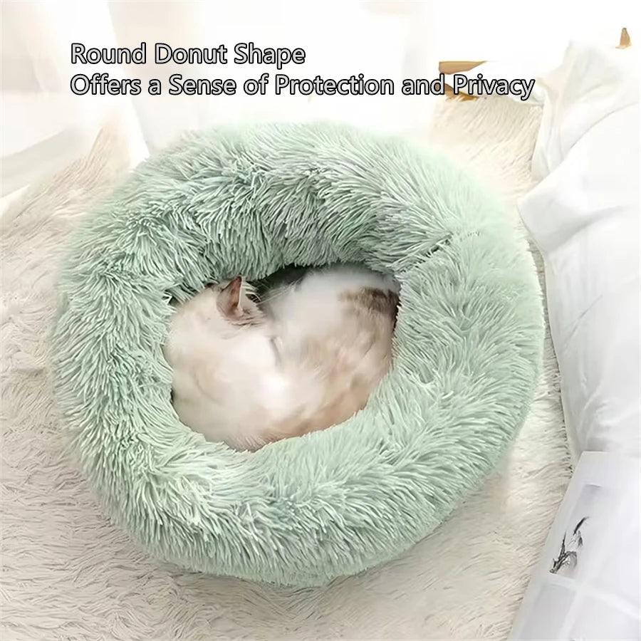 Cama Redonda Donut para Cães e Gatos – Cama de Pelúcia Macia, Quente e Lavável para um Descanso Confortável**