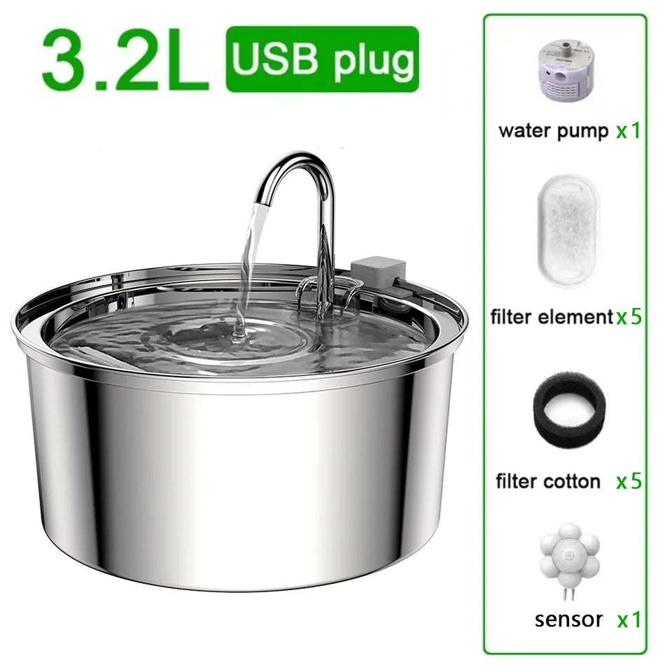 Fonte de Água Automática em Aço Inoxidável para Cães e Gatos – Bebedouro Elétrico USB com Bomba Ultra Silenciosa**